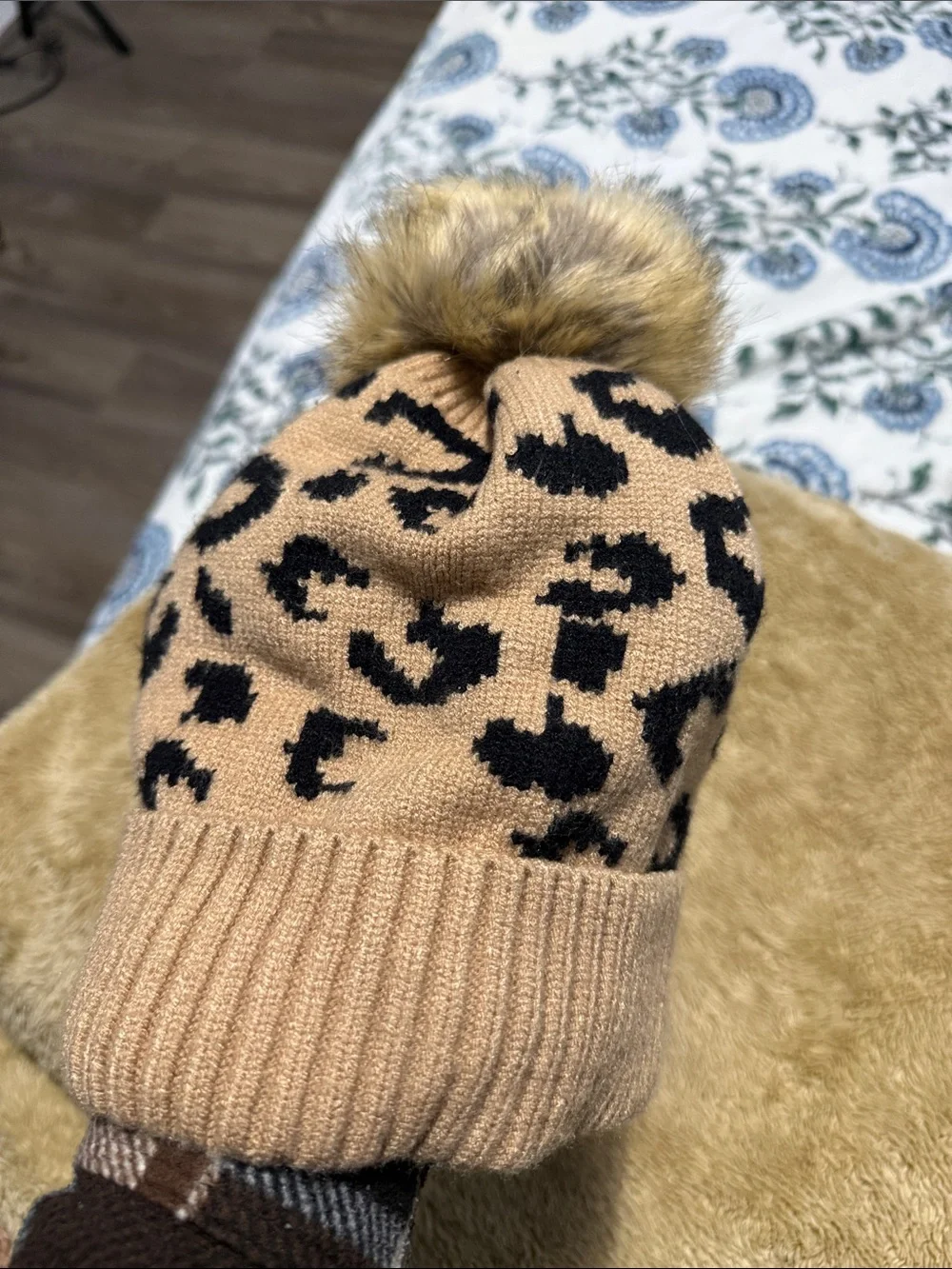 Kids Tan Leopard Print Pom Pom Beanie